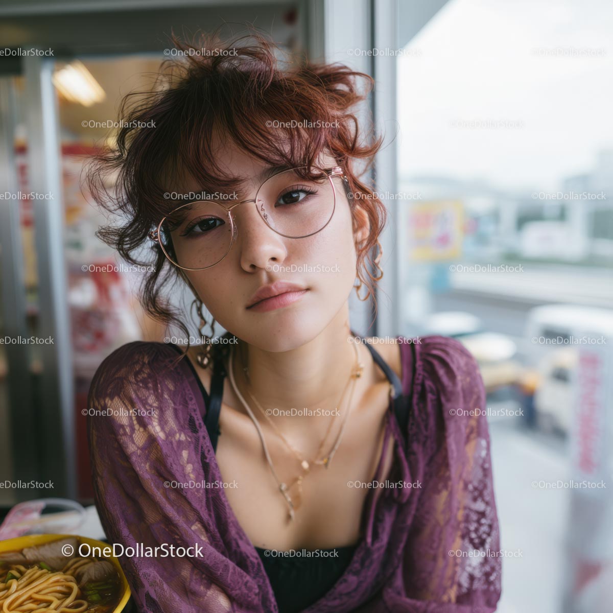 Stylish Woman in Purple Lace Enjoying Ramen