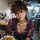 Stylish Woman in Purple Lace Enjoying Ramen