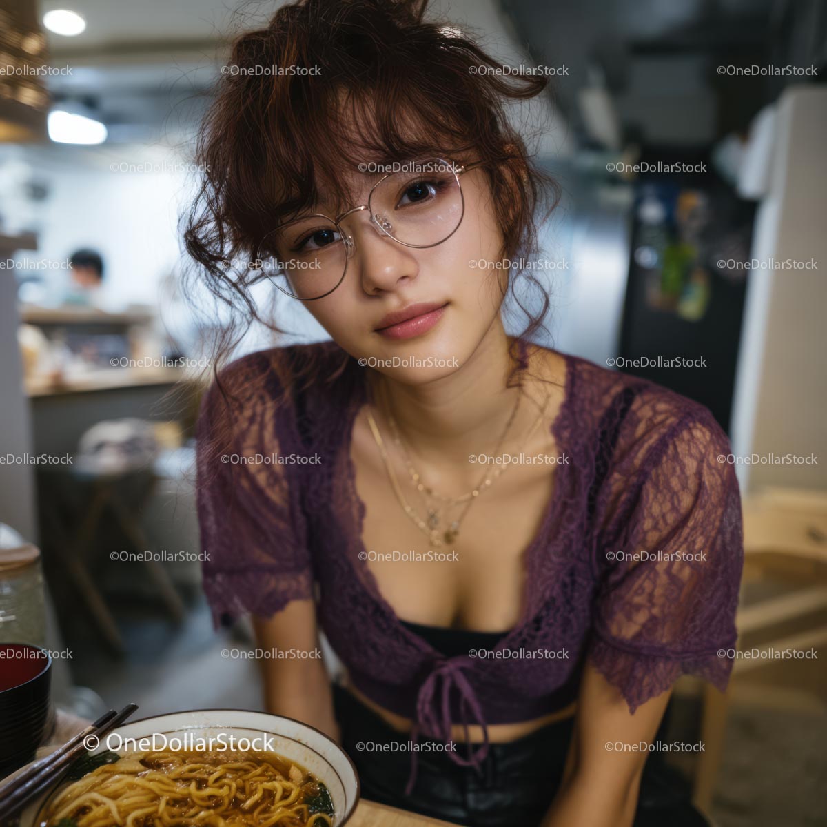 Stylish Woman in Purple Lace Enjoying Ramen