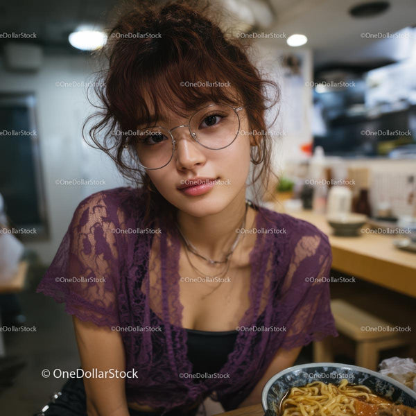 Stylish Young Woman Enjoying Ramen in Trendy Restaurant