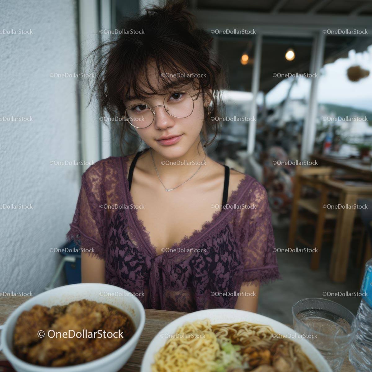 Stylish Woman in Purple Lace Enjoying Ramen