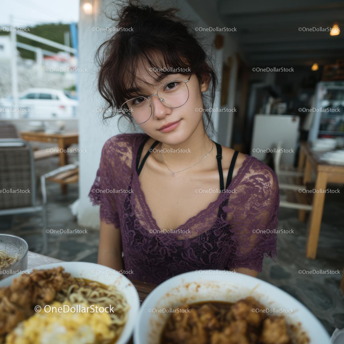 Stylish Woman in Purple Lace Enjoying Ramen