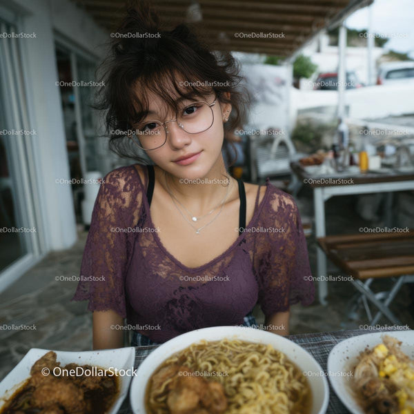 Young Woman Enjoying Meal at Outdoor Cafe