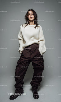 Confident Woman in White Sweater and Trendy Pants
