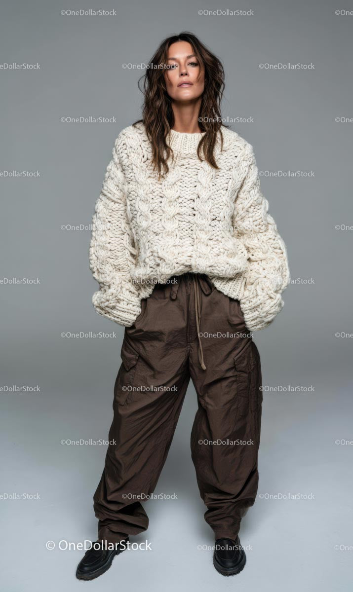 Fashion Model in Chunky Knit Sweater and Brown Pants