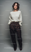Fashionable Woman in Cozy Knit Sweater and Brown Trousers