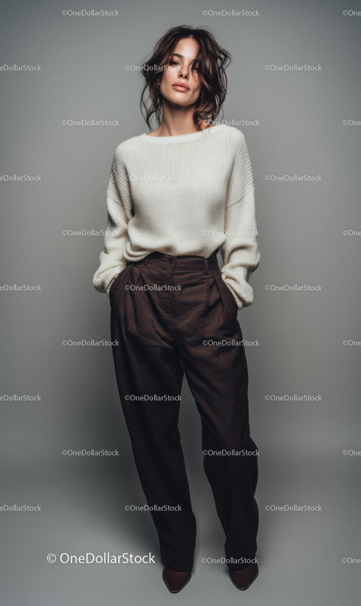 Fashionable Woman in Cozy Knit Sweater and Brown Trousers