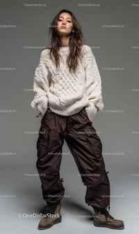 Confident Woman in Wool Sweater and Cargo Pants