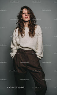 Brunette Woman in White Sweater and Brown Trousers