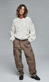 Stylish Woman in White Knitted Sweater and Brown Pants