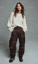 Stylish Woman in Cozy Knit Sweater and Brown Trousers