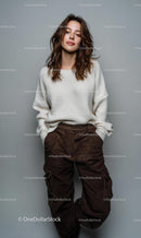 Stylish Woman in White Sweater and Brown Pants Stock Photo Bundle preview 15