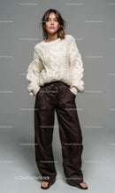 Fashionable Woman in Knit Sweater and Brown Pants