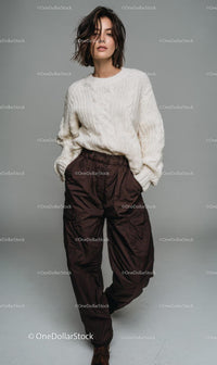 Fashionable Woman in Cozy Sweater and Brown Pants