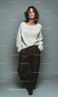 Stylish Woman in White Sweater and Brown Pants Stock Photo Bundle preview 21