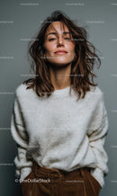 Confident Woman in Cozy Sweater and Stylish Trousers