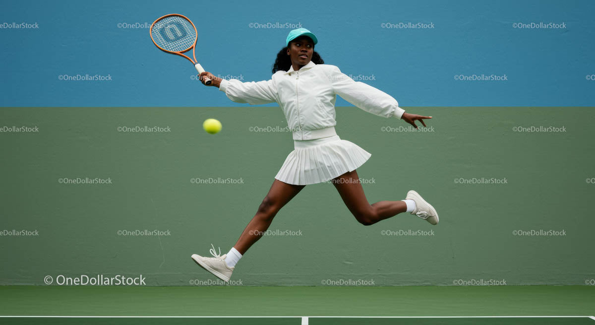 Energetic Female Tennis Player Jumping on Court