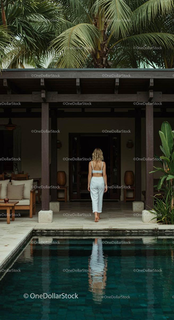 Woman Relaxing by Poolside at Tropical Villa Retreat