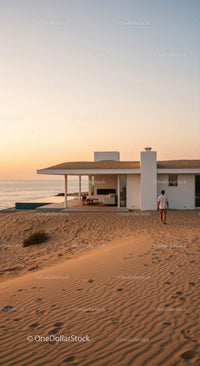 Modern Beach House at Sunset on Sandy Dunes