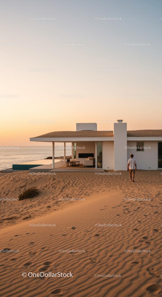 Modern Beachfront House at Sunset with Ocean View