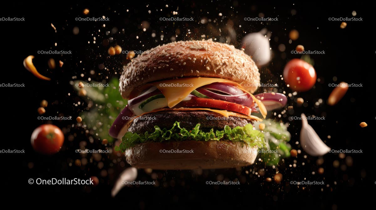 Gourmet Burger with Fresh Ingredients in Mid-Air