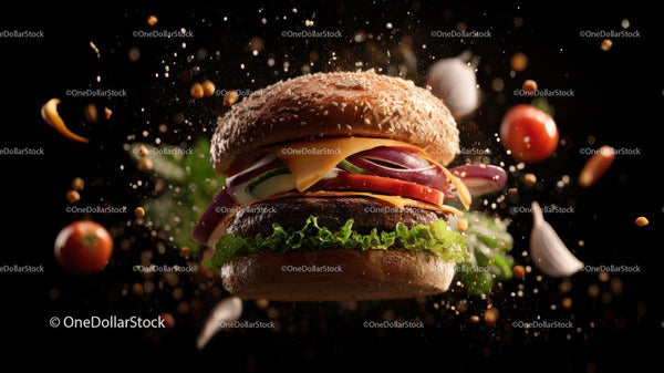 Gourmet Burger with Fresh Ingredients in Mid-Air