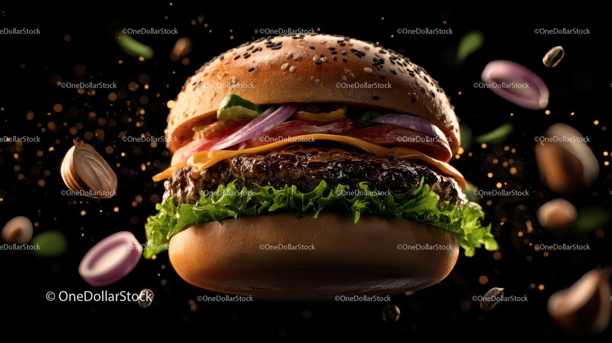 Floating Gourmet Burger with Fresh Ingredients