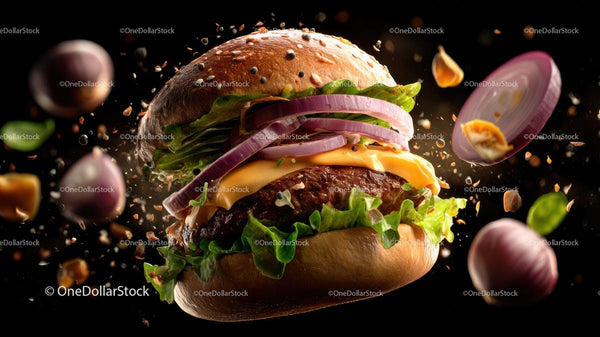 Gourmet Cheeseburger with Fresh Lettuce and Onion Rings