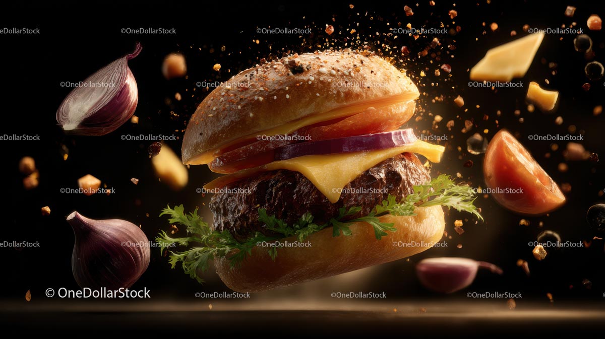 Floating Gourmet Burger with Fresh Ingredients