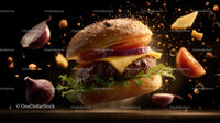 Floating Gourmet Burger with Fresh Ingredients