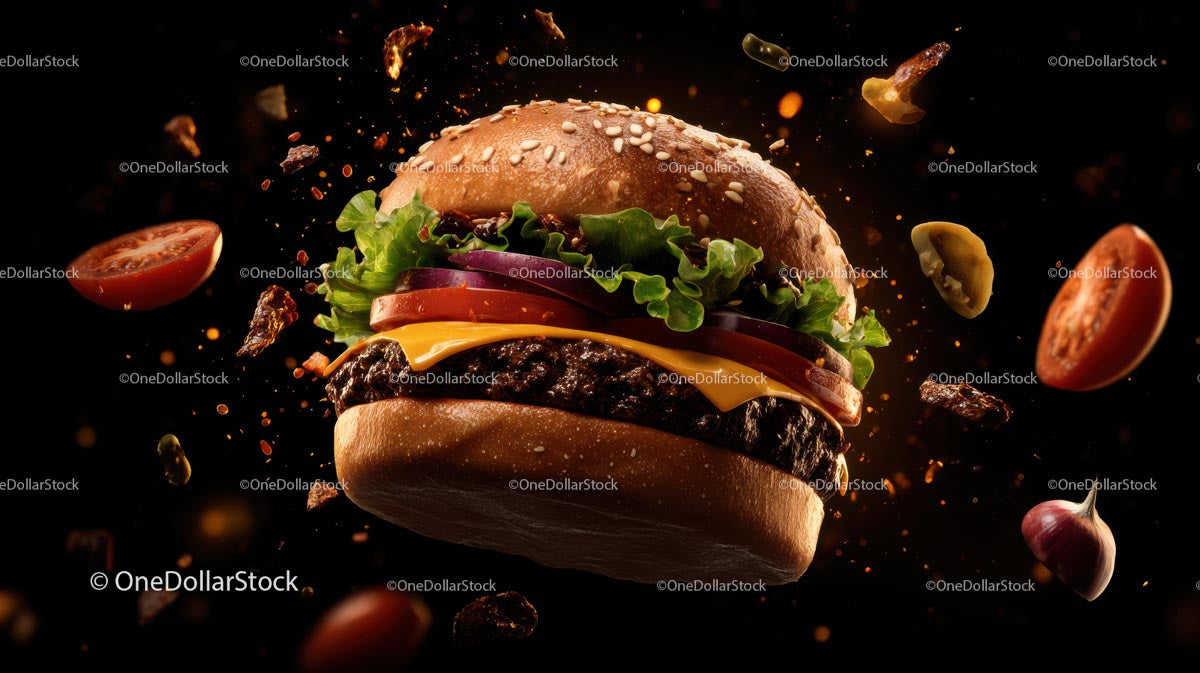 Floating Gourmet Burger with Fresh Ingredients