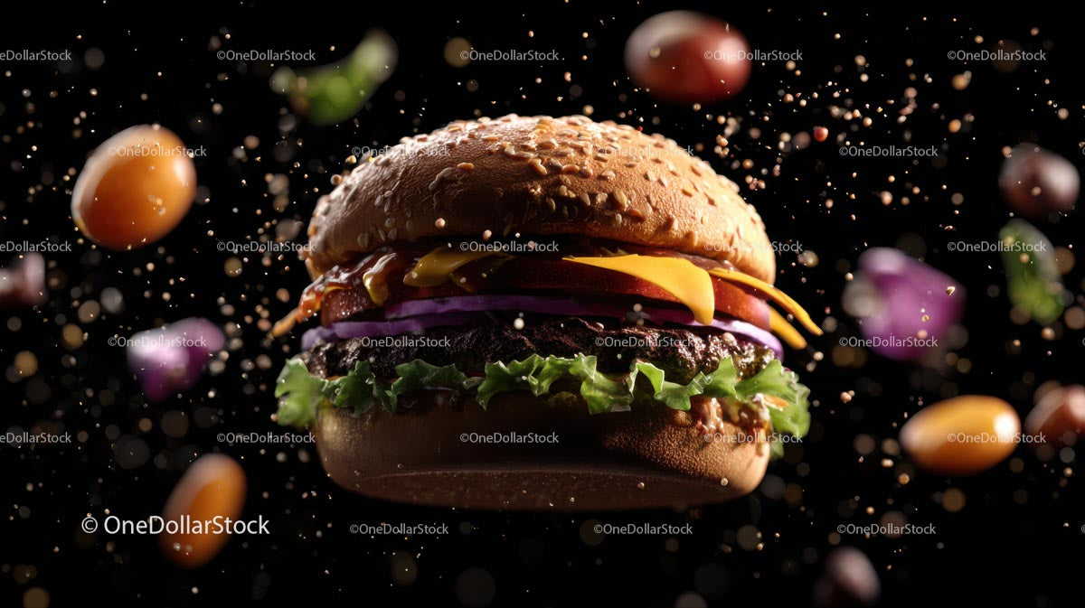 Gourmet Cheeseburger with Floating Fresh Ingredients