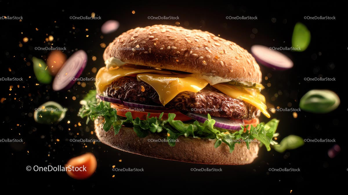 Soczysty Cheeseburger ze świeżymi, pływającymi składnikami