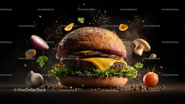 Gourmet Cheeseburger with Floating Ingredients