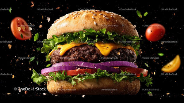 Gourmet Cheeseburger with Fresh Vegetables on Black Background