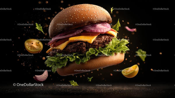 Gourmet Cheeseburger with Floating Ingredients