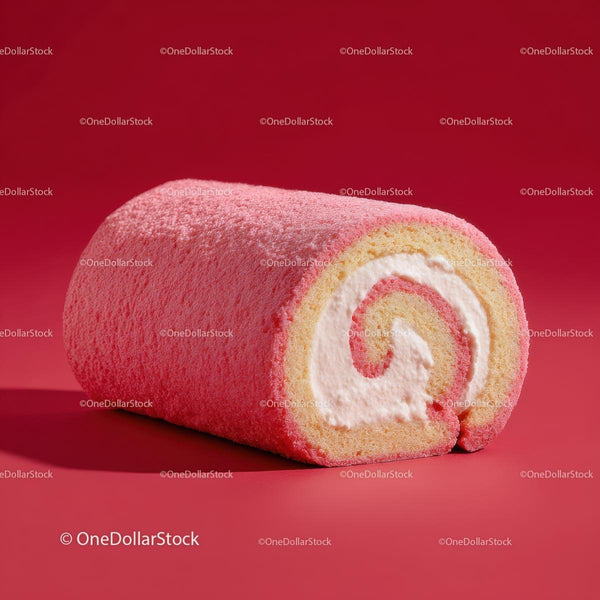 Delicious Pink Swiss Roll Cake on Red Background