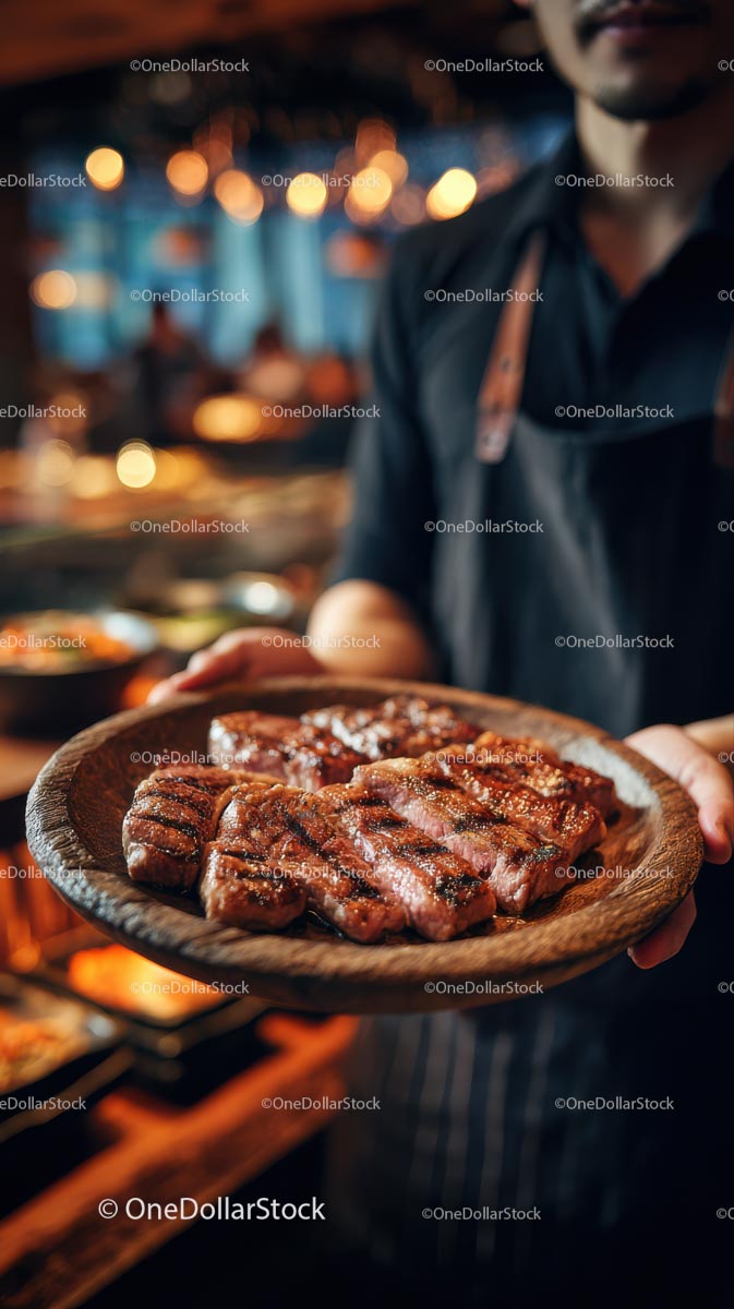 Grilled Steak on Wooden Plate in Cozy Restaurant Setting
