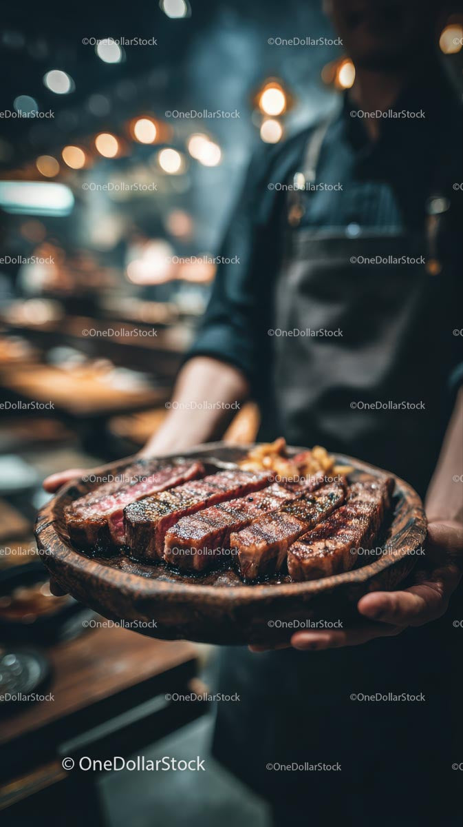 Savory Grilled Steak on a Wooden Platter in Restaurant
