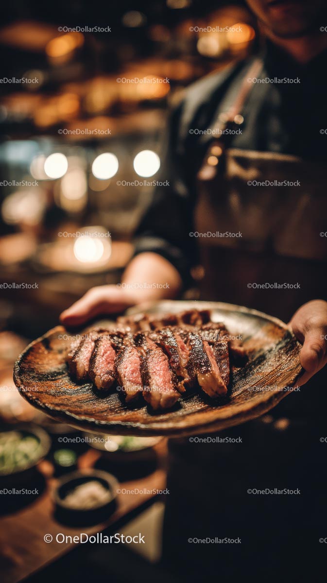 Gourmet Grilled Steak Served on Rustic Wooden Plate