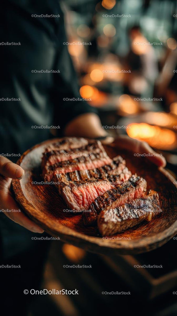 Sizzling Juicy Grilled Steak on Wooden Plate