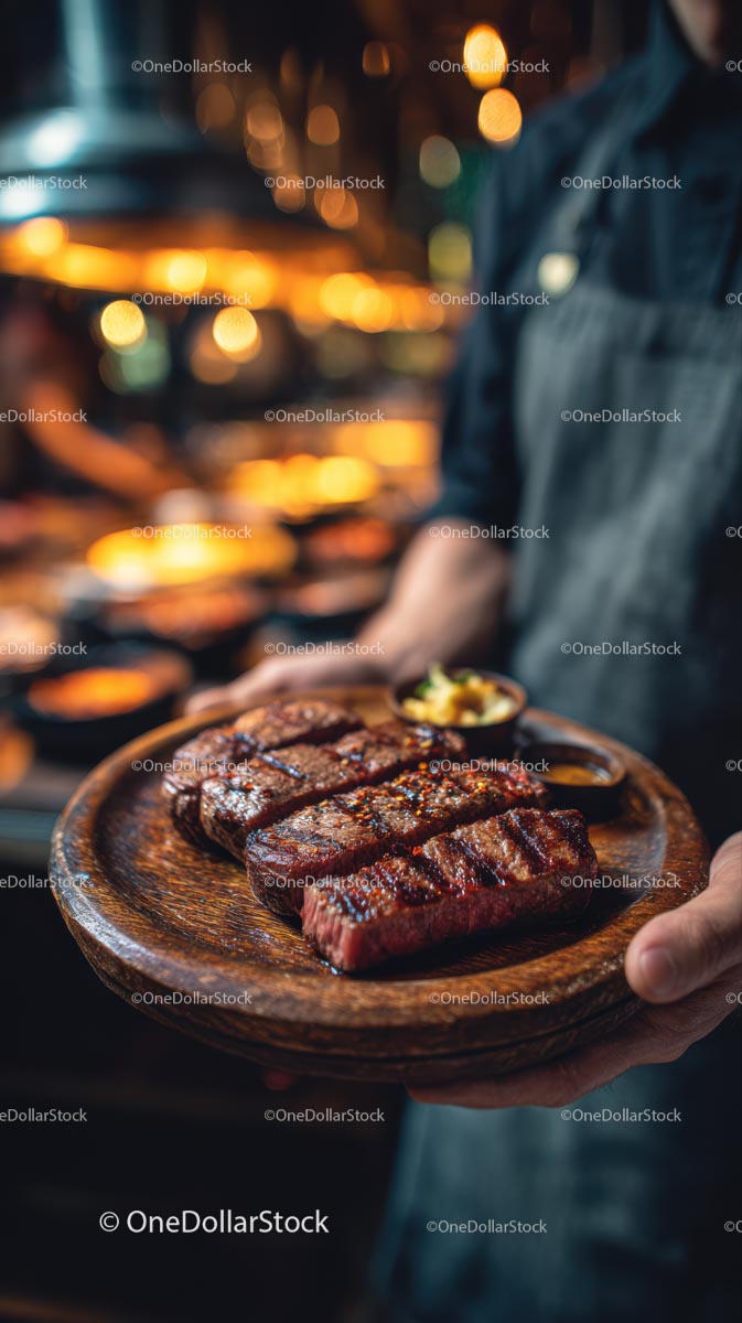 Juicy Grilled Steak on Wooden Platter in Gourmet Setting
