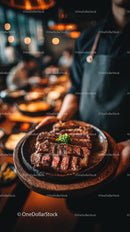 Sizzling Grilled Steak on a Wooden Plate in Ambient Setting
