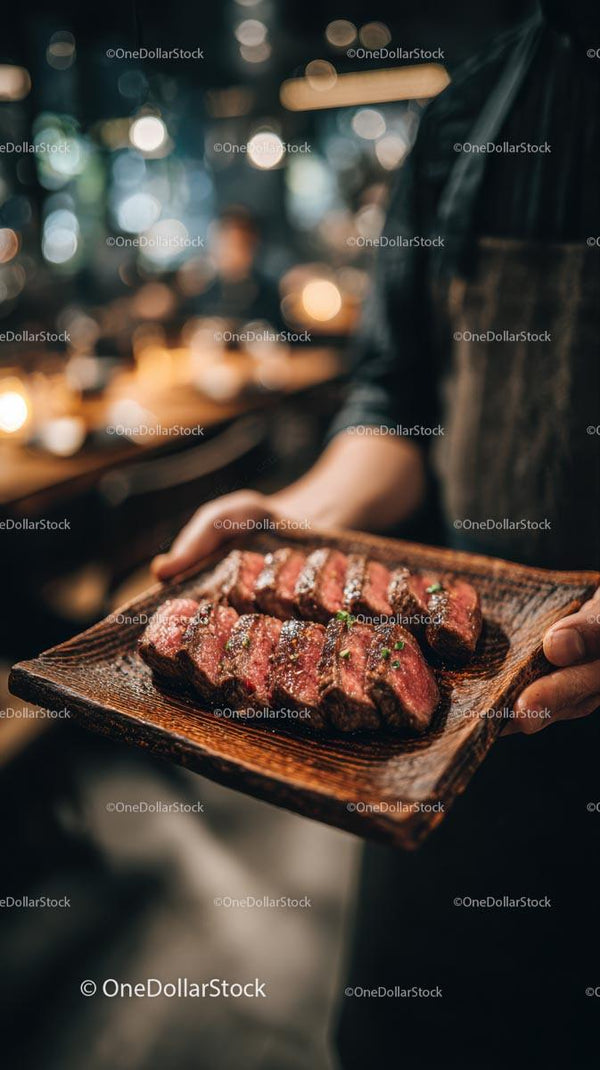 Gourmet Grilled Steak on Wooden Platter in Cozy Restaurant