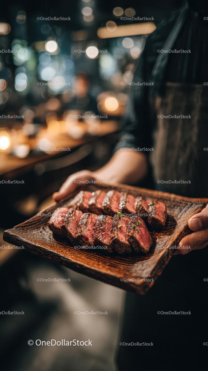 Gourmet Grilled Steak on Wooden Platter in Cozy Restaurant