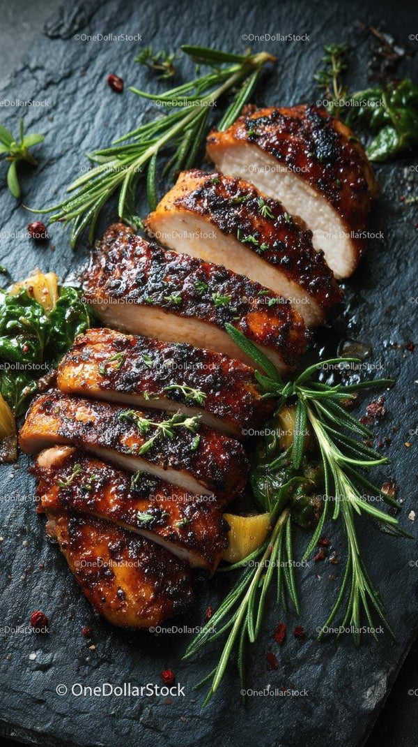 Sliced Grilled Chicken Breast with Rosemary on Slate