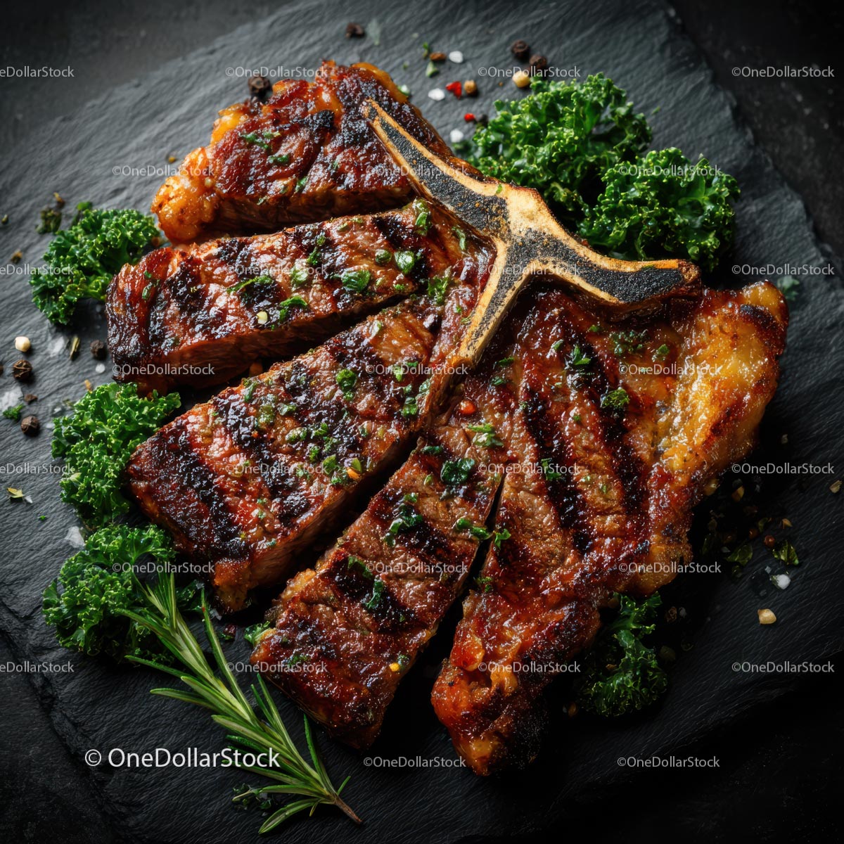 Soczysty grillowany stek T-bone ze świeżym rozmarynem i jarmużem