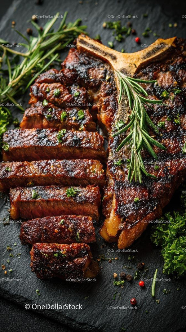 Juicy Grilled Steak with Fresh Rosemary on Slate