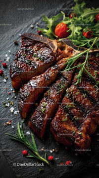 Grilled Steak with Rosemary and Fresh Salad on Slate