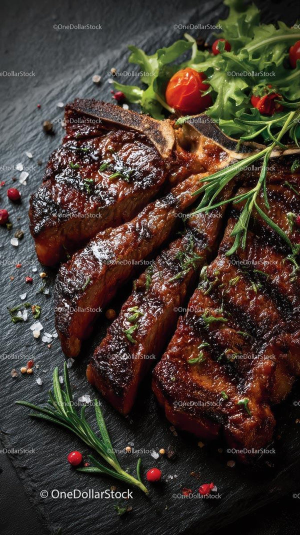 Grilled Steak with Rosemary and Fresh Salad on Slate